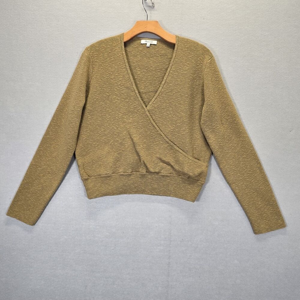 Madewell Wrap Front Knit Sweater Women’s Size L Olive Gold  Pullover Ribbed Hem
